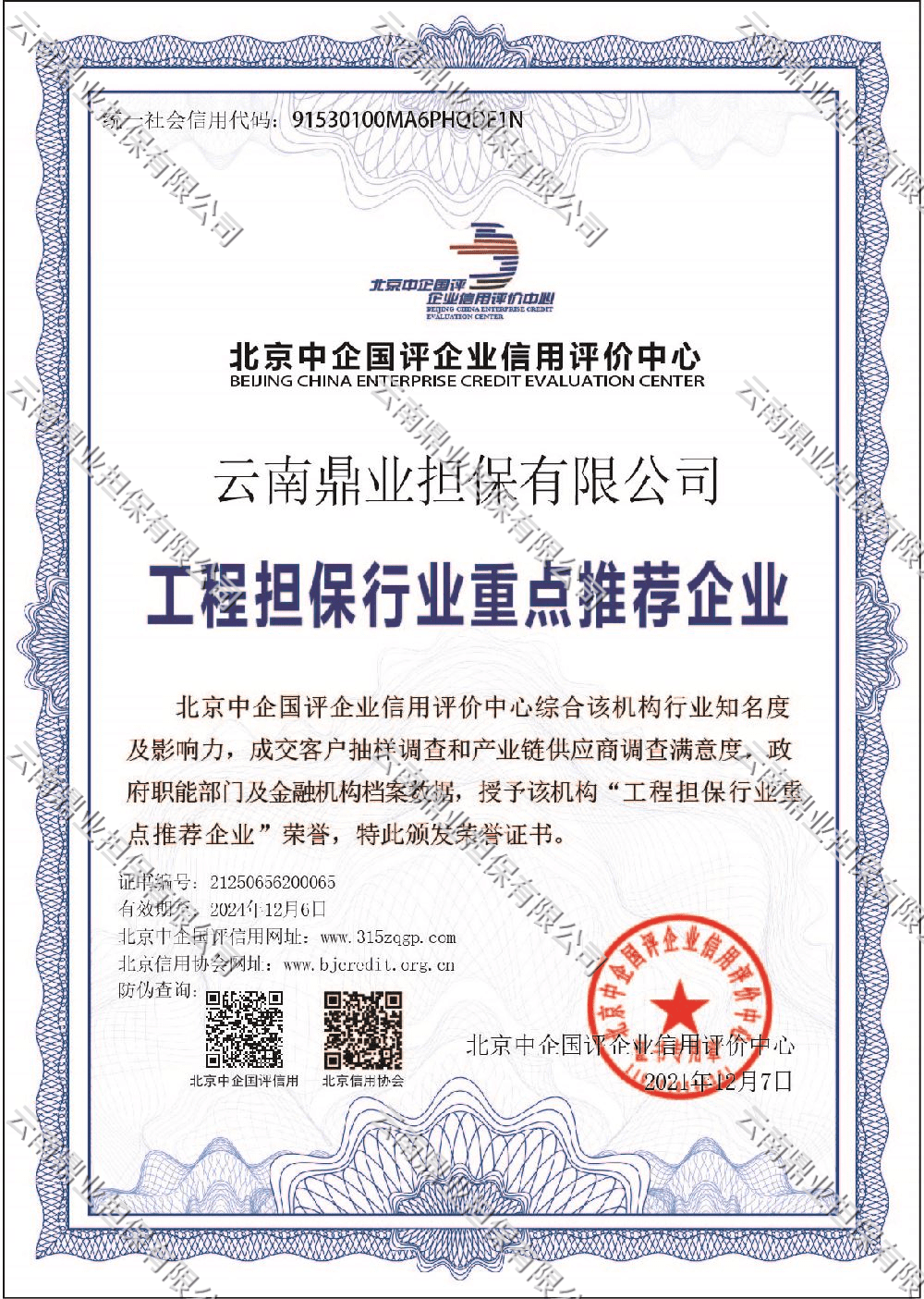工程担保行业重点推荐企业证书