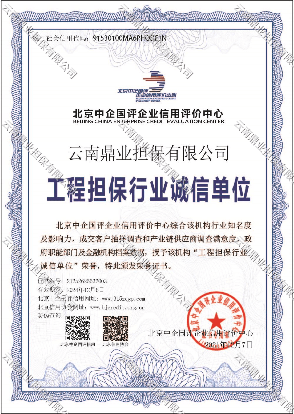 工程担保行业诚信单位证书